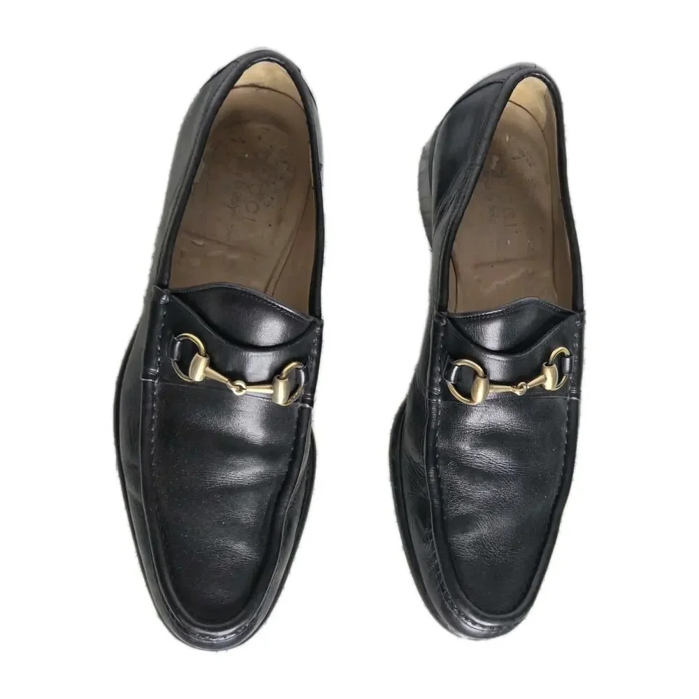 Gucci Horsebit Loafers Mens 9D Black Leather Slip On Italy Gold Bit Dress